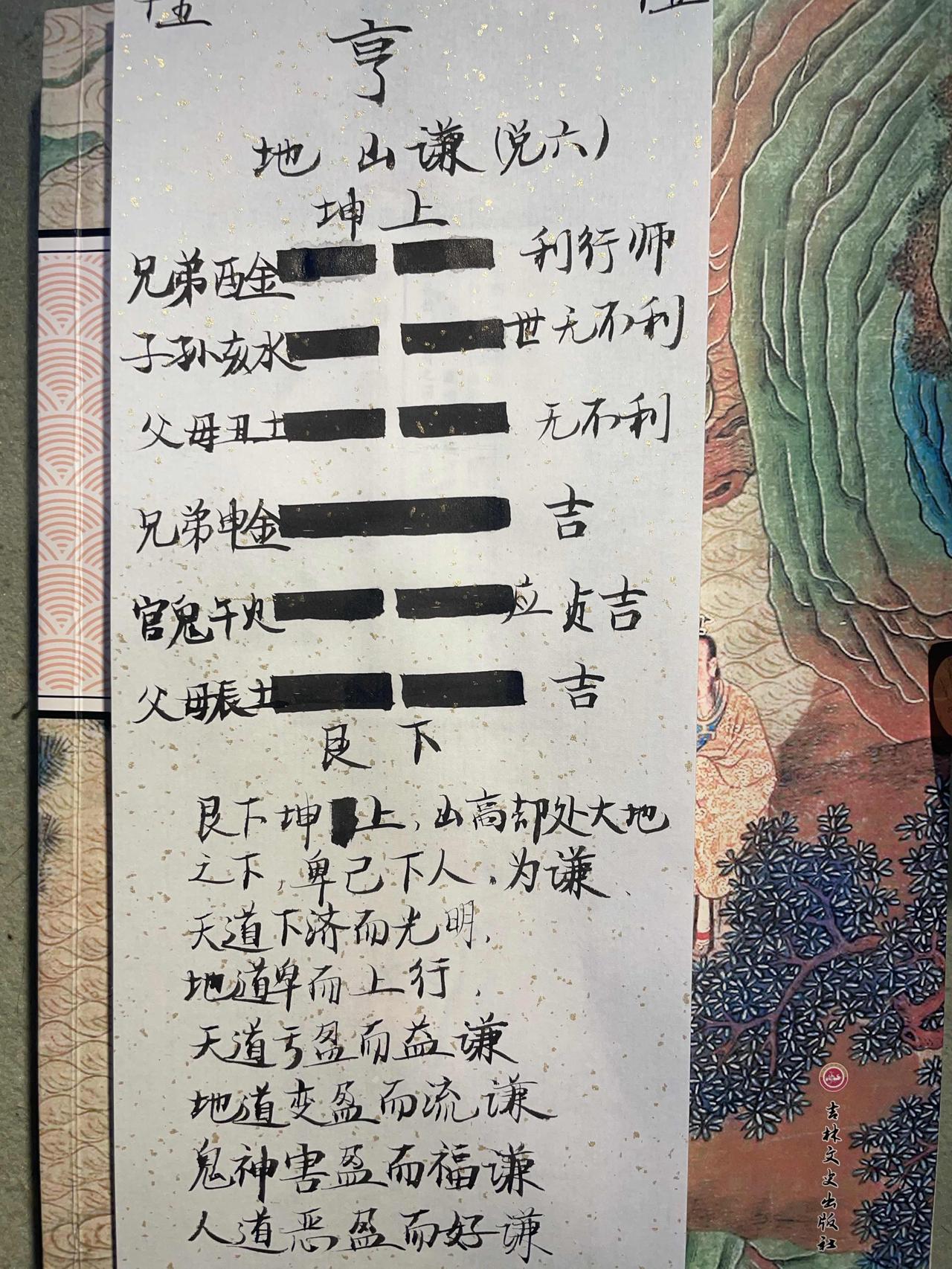 15地山谦　
亨，君子有终。 坤上艮下，山高却在地下，是为谦。谦虚可以亨通，君子