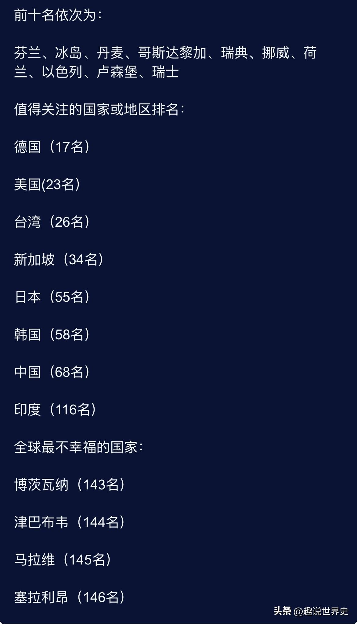 关于幸福度的最新世界排名
九条幸福标准