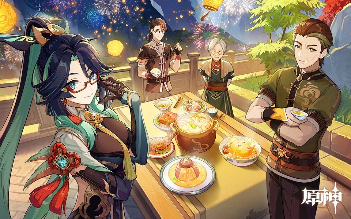 #原神[超话]# 哇仙人们的年夜饭，四仙齐聚[憧憬]留云、筑阳、理水、萍姥姥#原