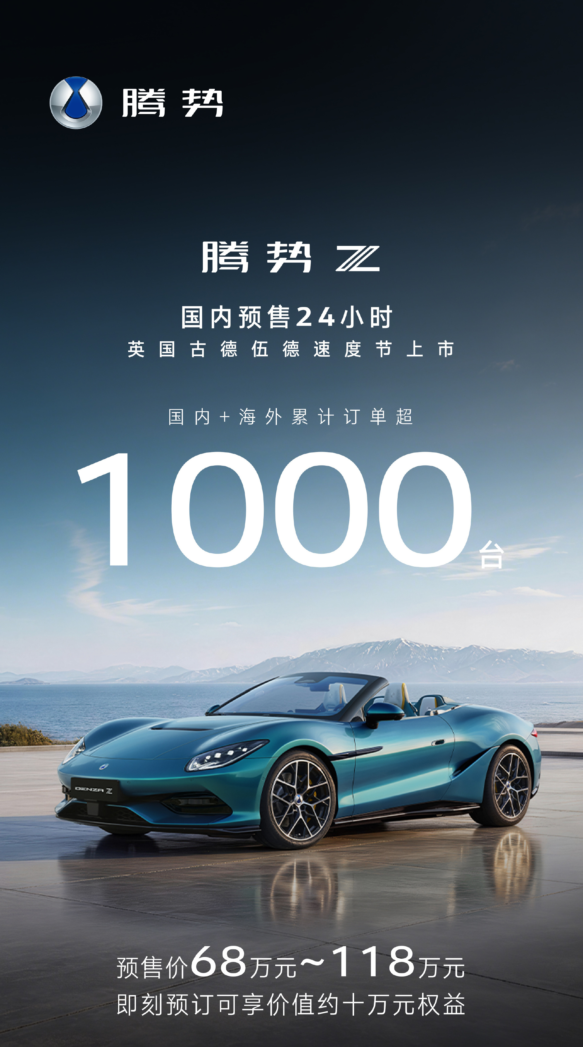 腾势 Z 国内预售 24 小时后，海内外订单已经突破 1000台腾势Z开启预售腾