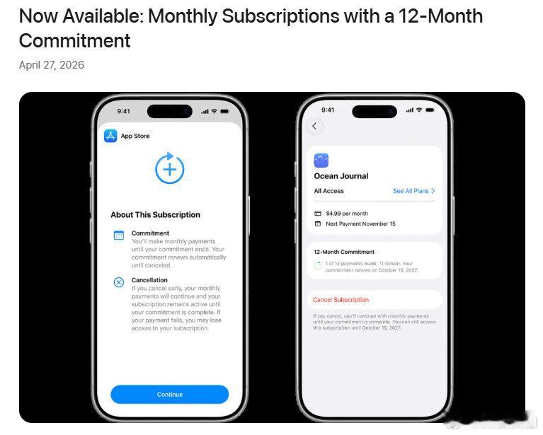 【苹果AppStore推出分期订阅，用户可随时取消但需完成已承诺期数】苹果12个