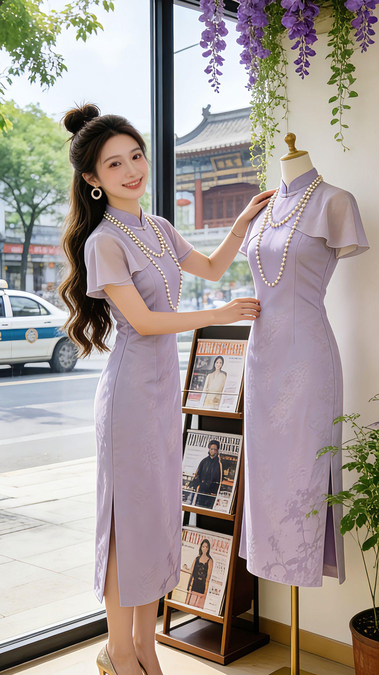 谁懂啊！淡紫色改良旗袍上身，整个人都浸在江南的温柔里。试衣间的心动，园林里的温婉