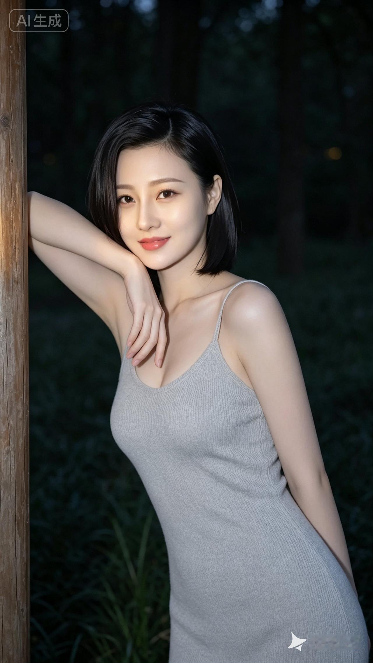 这姑娘靠在木柱上，笑得真甜。