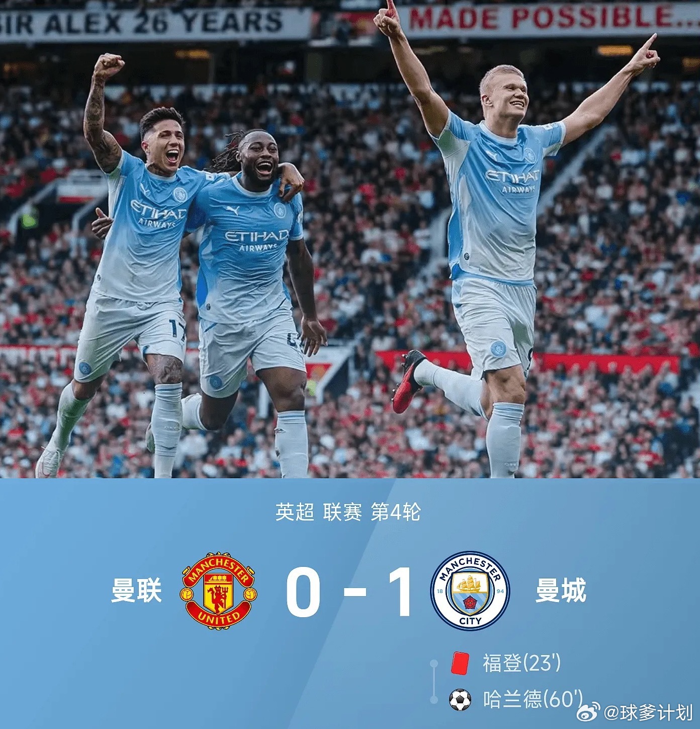 英超战报：哈兰德破门，福登染红，十人曼城1-0曼联哈兰德 恩佐英超足球第一课 0