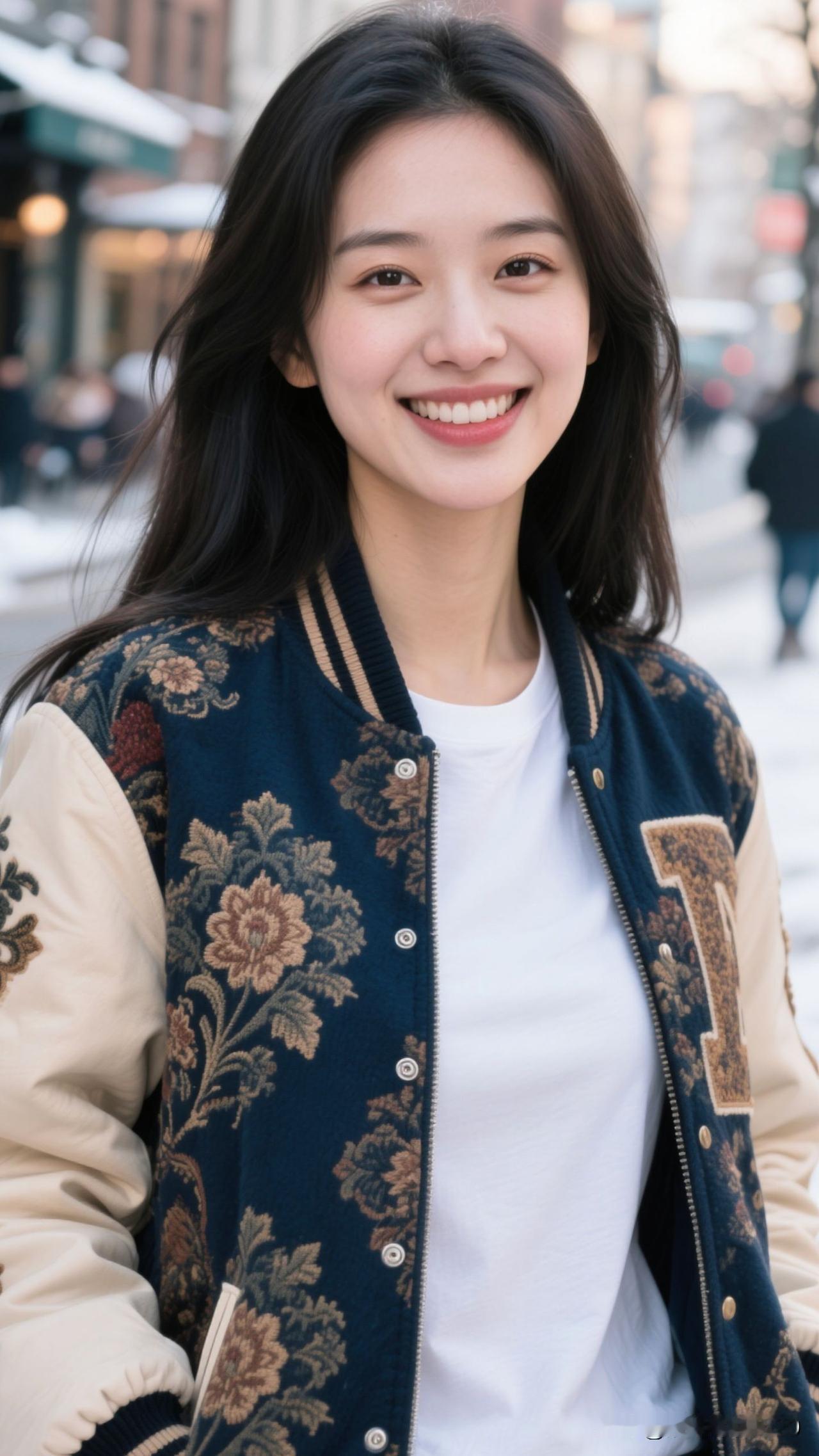 ✨ 把繁花的热烈、冬阳的柔糯织进衣褶，白T打底着妥帖，她站在那里，就是浪漫与鲜活