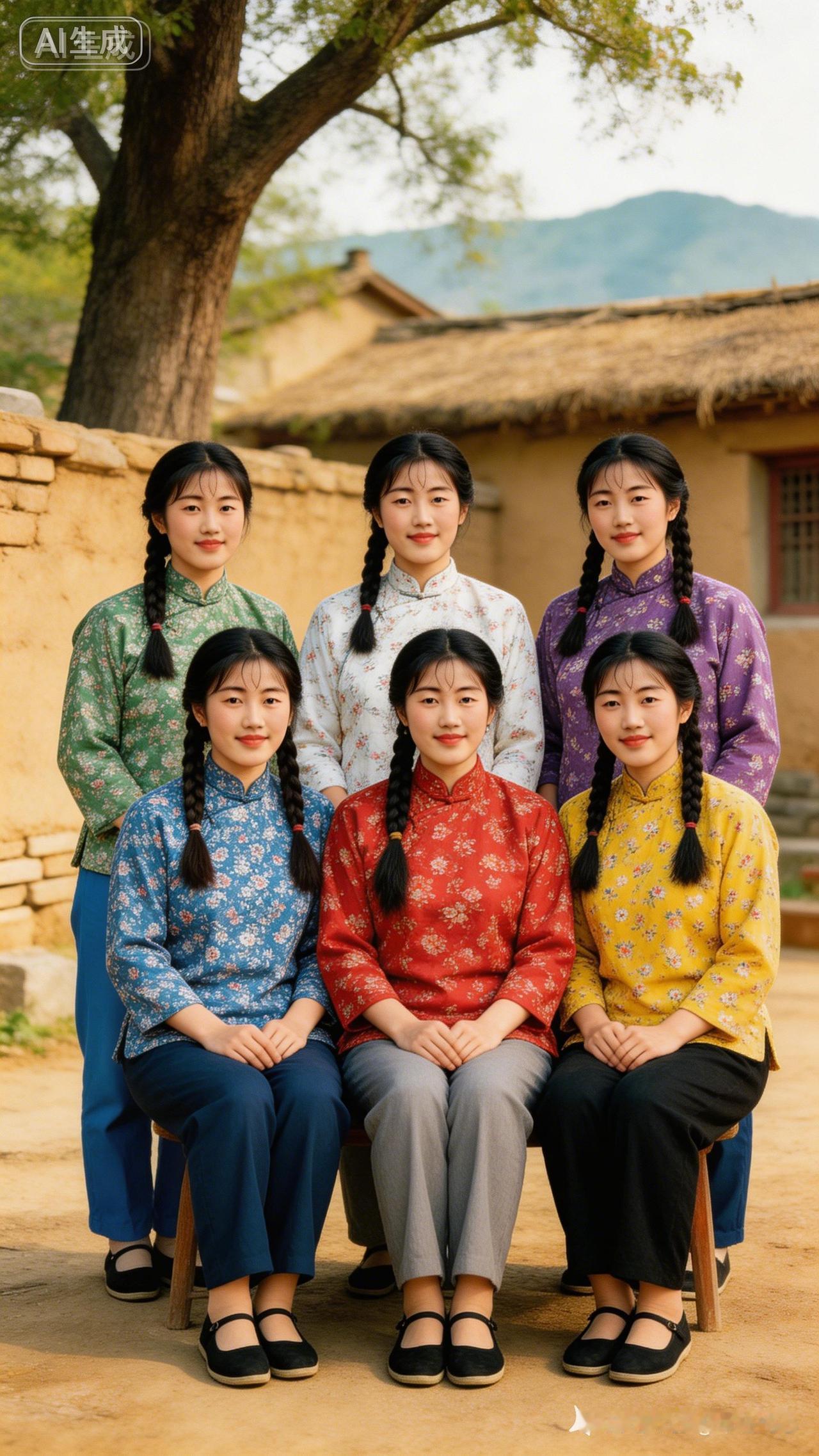 六姐妹穿着旗袍，在乡村合影。