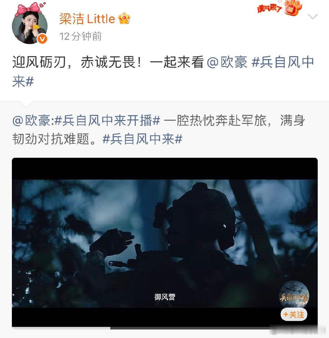 谭松韵为欧豪兵自风中来打call好多人为欧豪新剧打call风声起，戎装登场！谭松