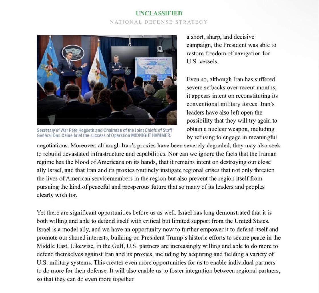 2026 年《国防战略》指出，尽管伊朗“近几个月来遭受了严重挫折”，包括“午夜铁