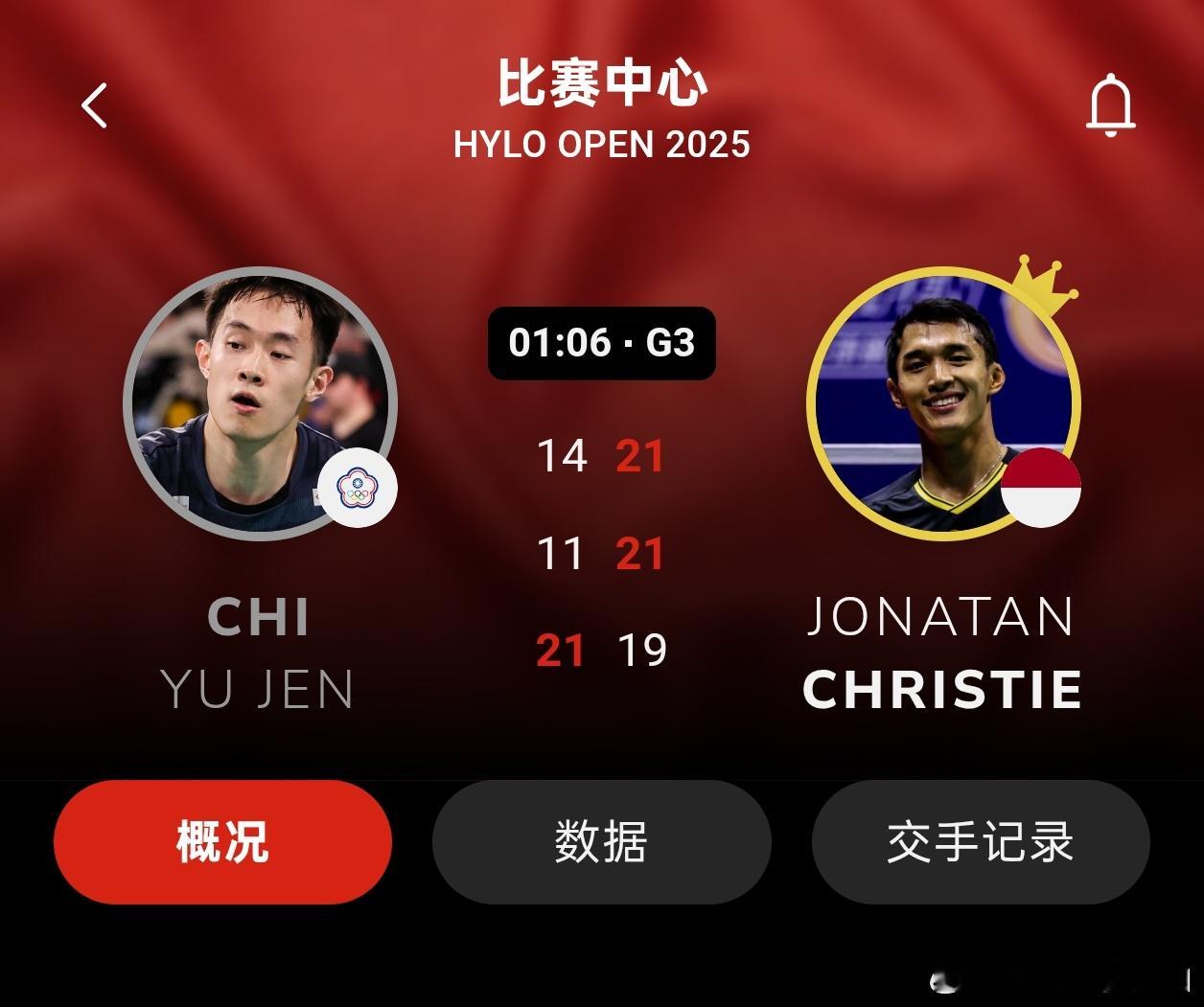 乔纳坦🇮🇩 19-21、21-11、21-14 戚又仁阿尤什🇮🇳 21-