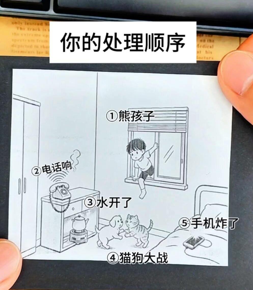 假如你同时遇到这5件事情，你的处理顺序是？
①熊孩子
②电话响
③水开了
⑤手机