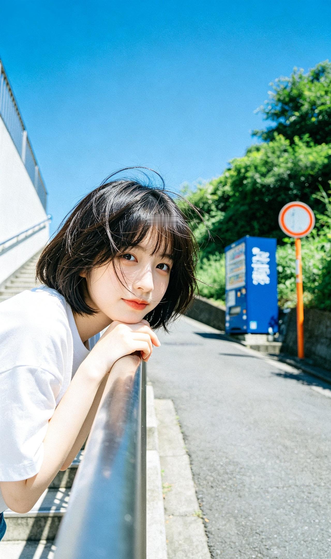 夏日街角偶遇短发女孩，干净到治愈整个夏天

晴朗的蓝天，安静的坡道，
风吹起碎发