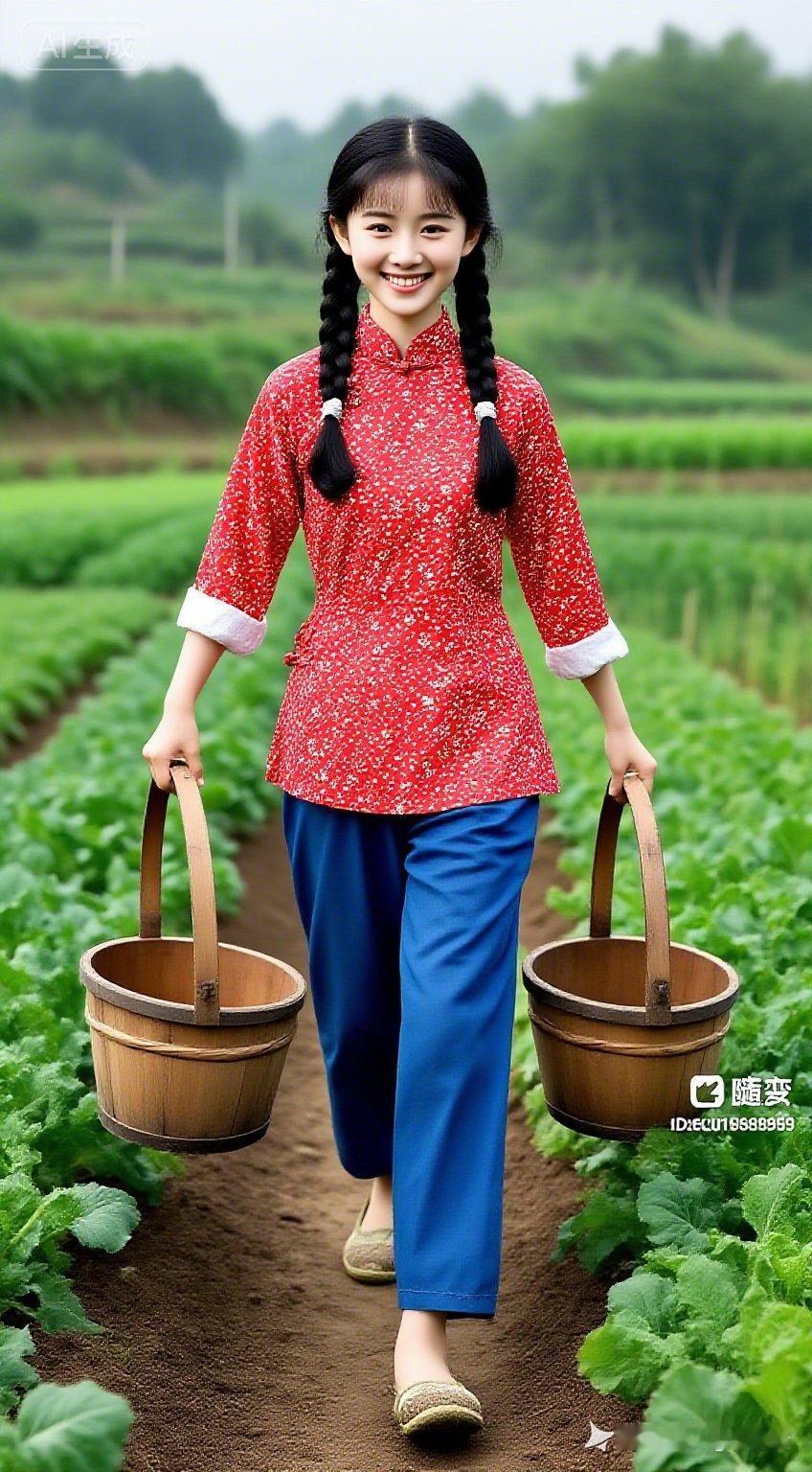 田园少女，红衣蓝裤，提篮漫步田间，笑靥如花！