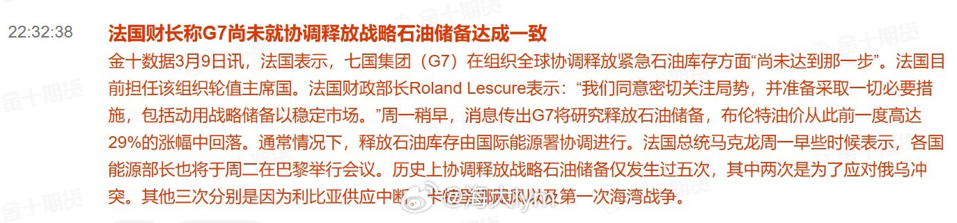 法国财长称G7尚未就协调释放战略石油储备达成一致法国表示，七国集团（G7）在组织