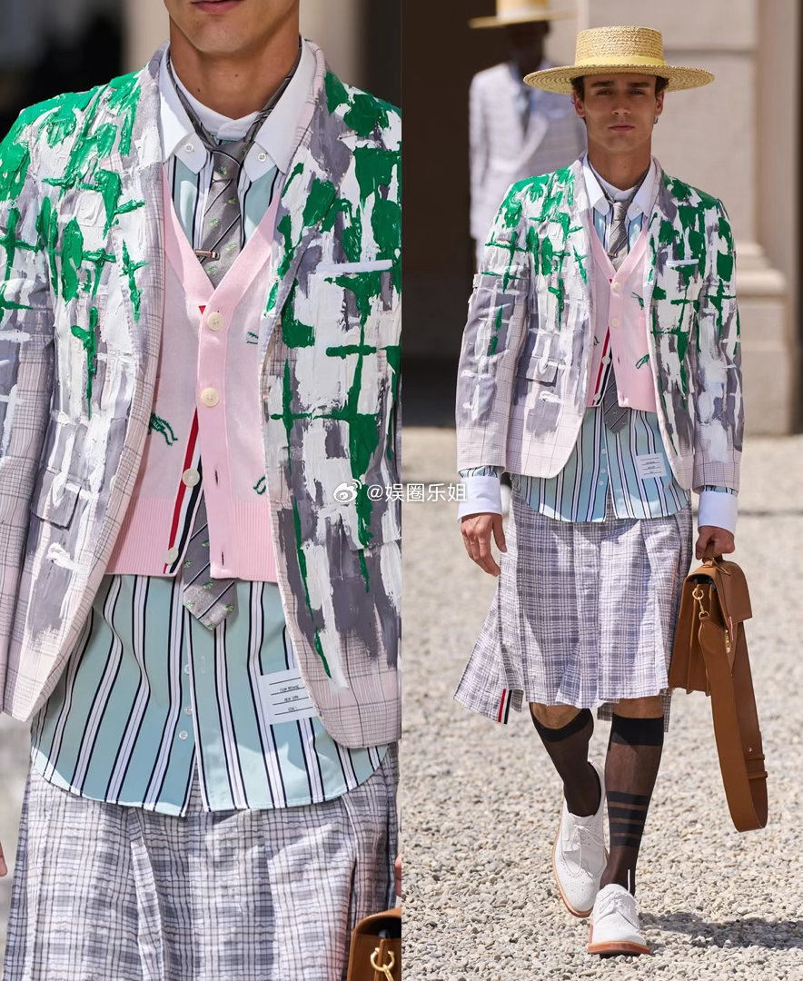 Thom Browne 2027春夏男装系列发布。秀场被布置成一座花园，点缀着5