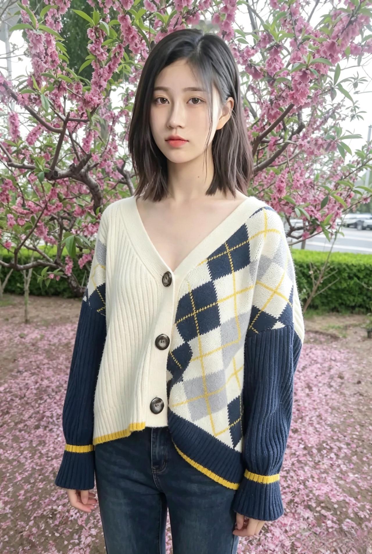 菱纹针织映芳丛，短发轻扬秀色浓。
静立花间含雅致，明眸浅笑透春风。