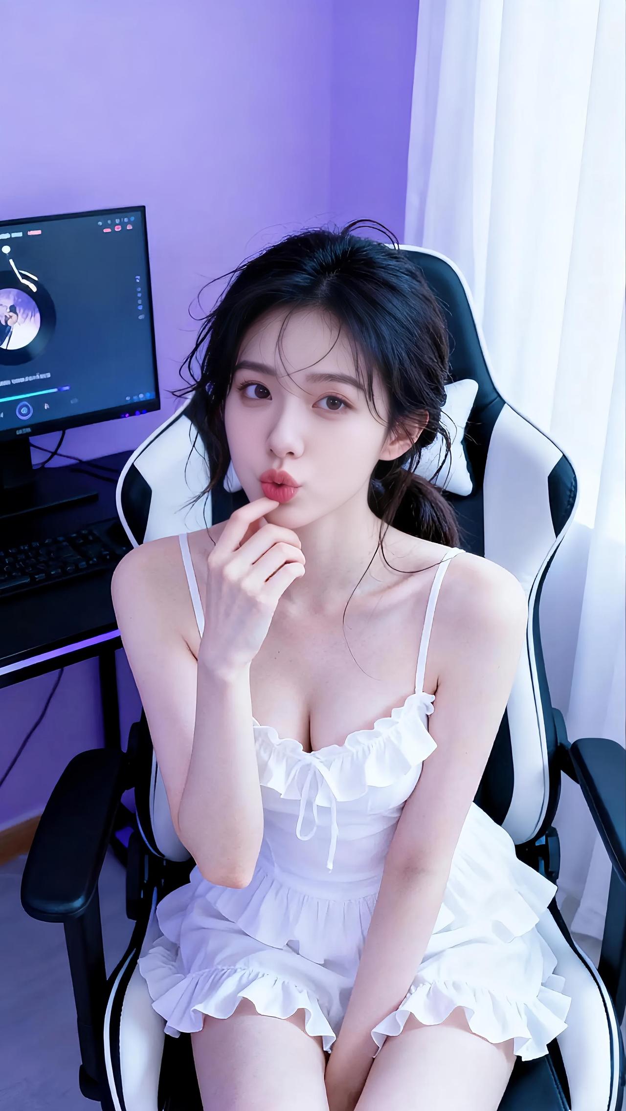 可爱的少女坐在电脑前，享受着宁静的时光。上班时的小姐姐 治愈心情萌美女 美少女书