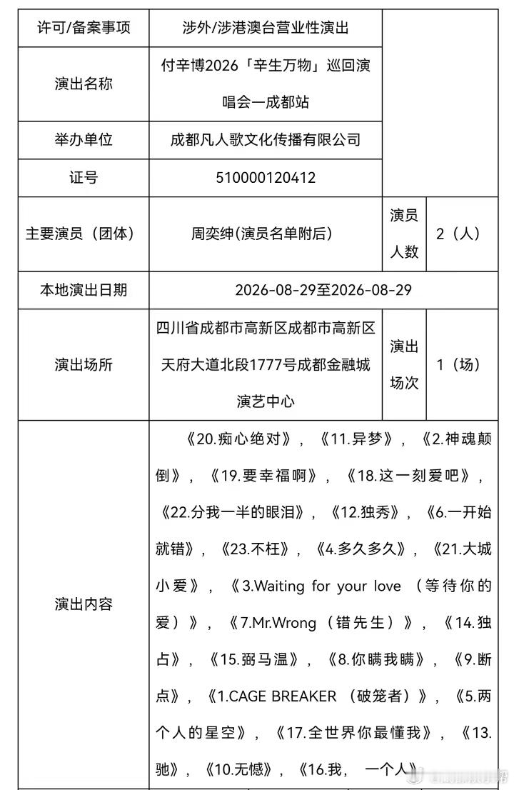 付辛博成都演唱会报批歌单。付辛博成都演唱会付辛博成都演唱会官宣 成都