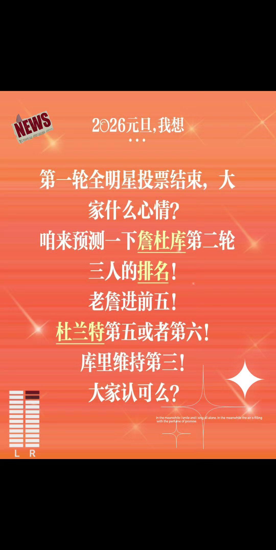 第二轮结束老詹必进前五！第一轮全明星投票结束，大家什么心情？
咱来预测一下詹杜库
