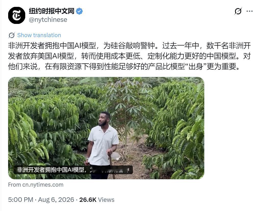 纽约时报中文网今天（8月6日）写道：“非洲开发者拥抱中国AI模型，为硅谷敲响警钟