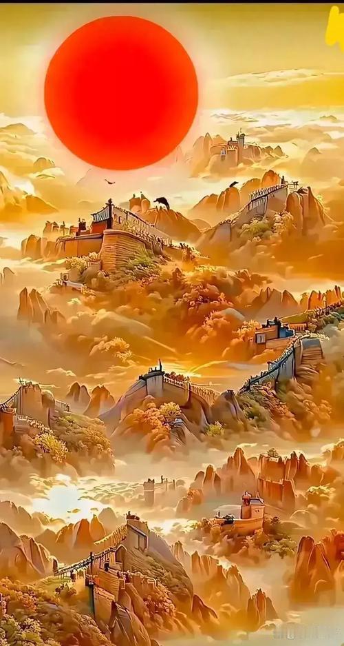 千山拥落日；
万壑迎朝阳。