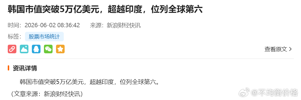 韩国市值突破5万亿美元，超越印度，位列全球第六 