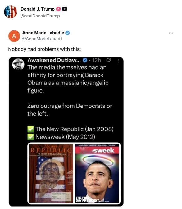 特朗普转发了MAGA死忠粉的帖子，声称媒体当年把奥巴马塑造成耶稣形象时，没人提出
