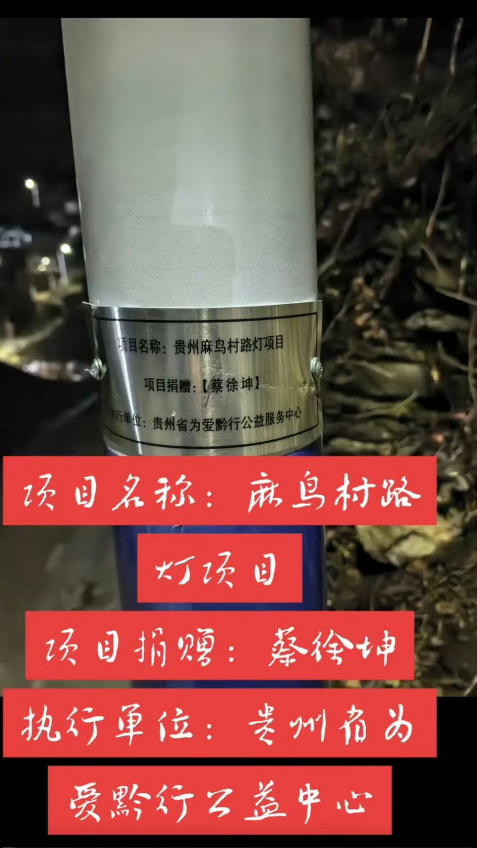 蔡徐坤为贵州麻鸟村捐赠的100盏路灯已安装上了。在微光中，我看到了多重价值，此善