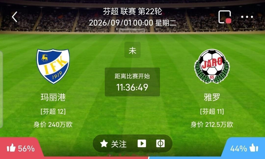 【北单】周一4芬超方向：玛丽港vs雅罗芬超 玛丽港 VS 雅罗比赛时间：2026