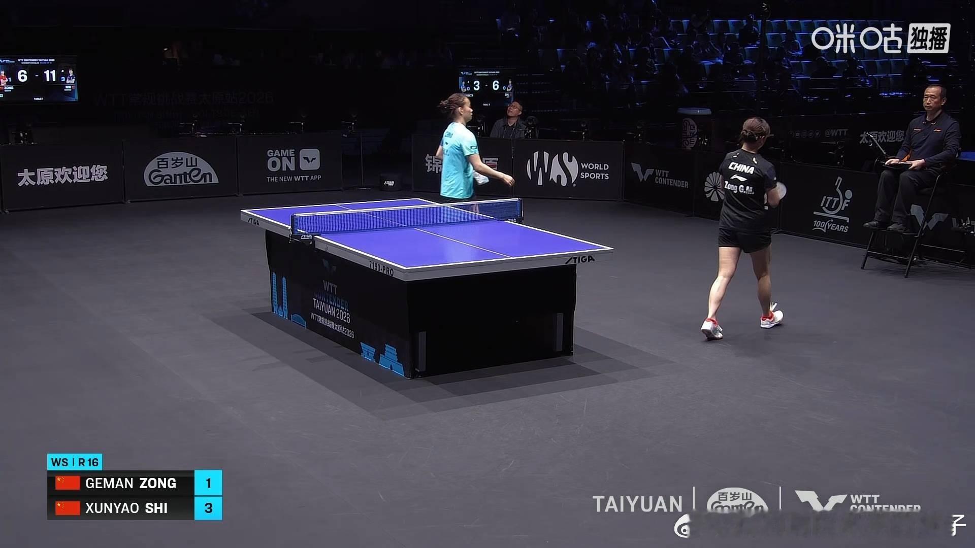 石洵瑶3比1纵歌曼（-10，7，4，6）晋级2026WTT太原常规挑战赛女单八强