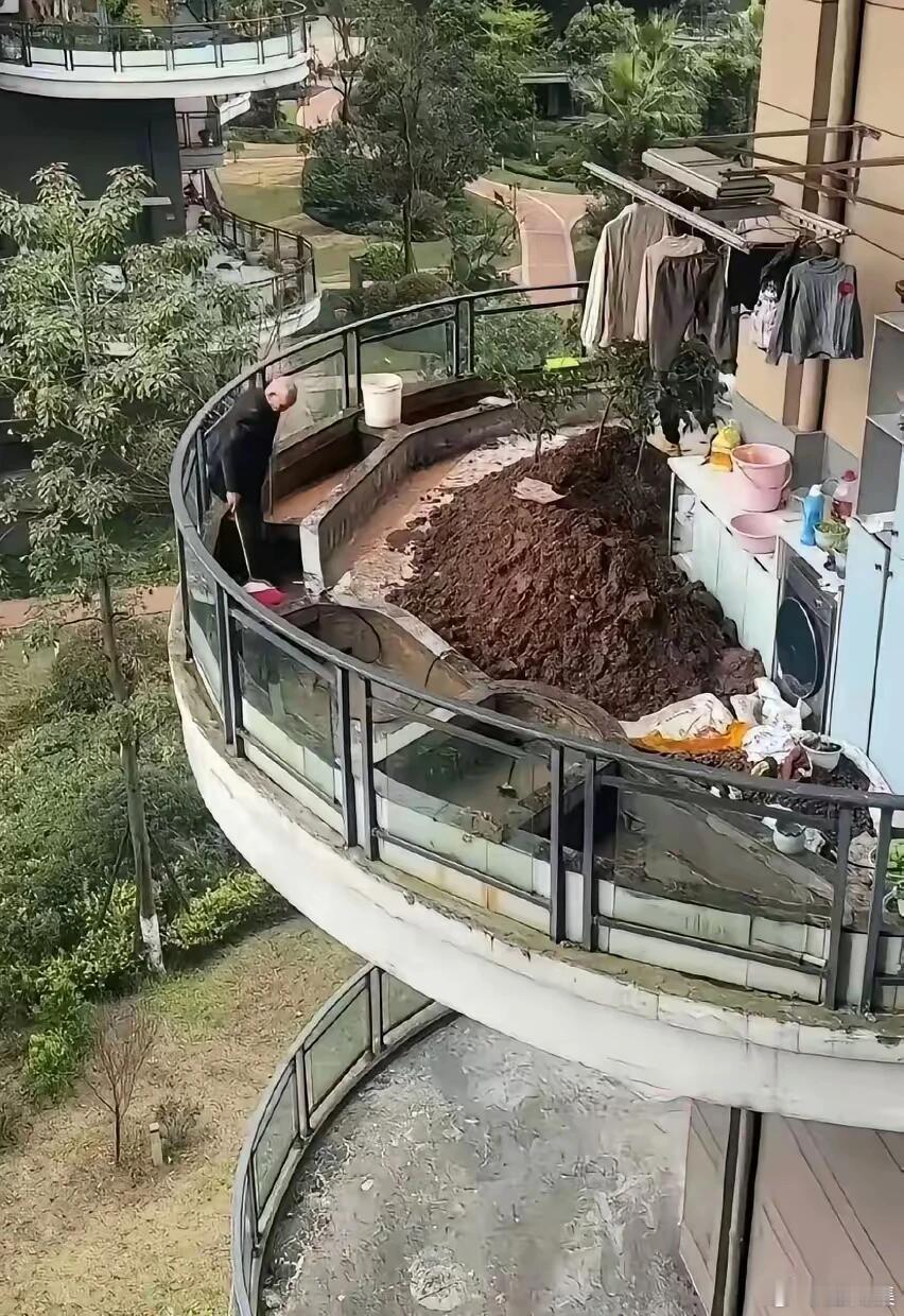 大爷真是无知者无畏，不怕阳台塌吗？发现附近楼的一个大爷，在自家阳台上砌了不少树穴