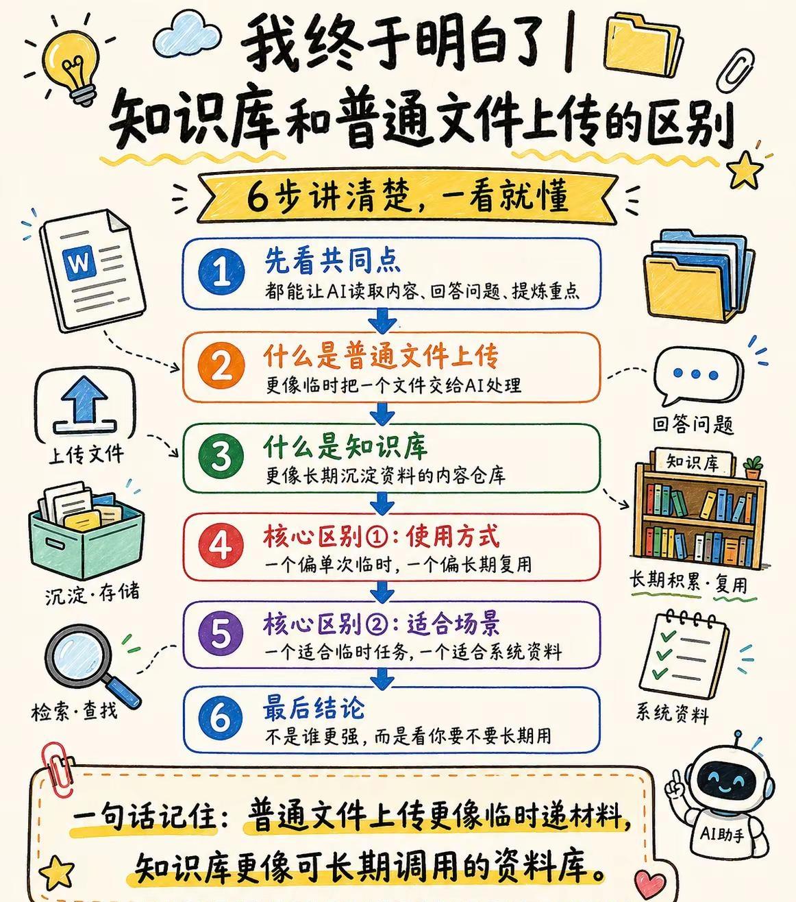 我终于搞明白了：普通文件上传，更像“临时递材料”。知识库，更像“长期存资料”。普