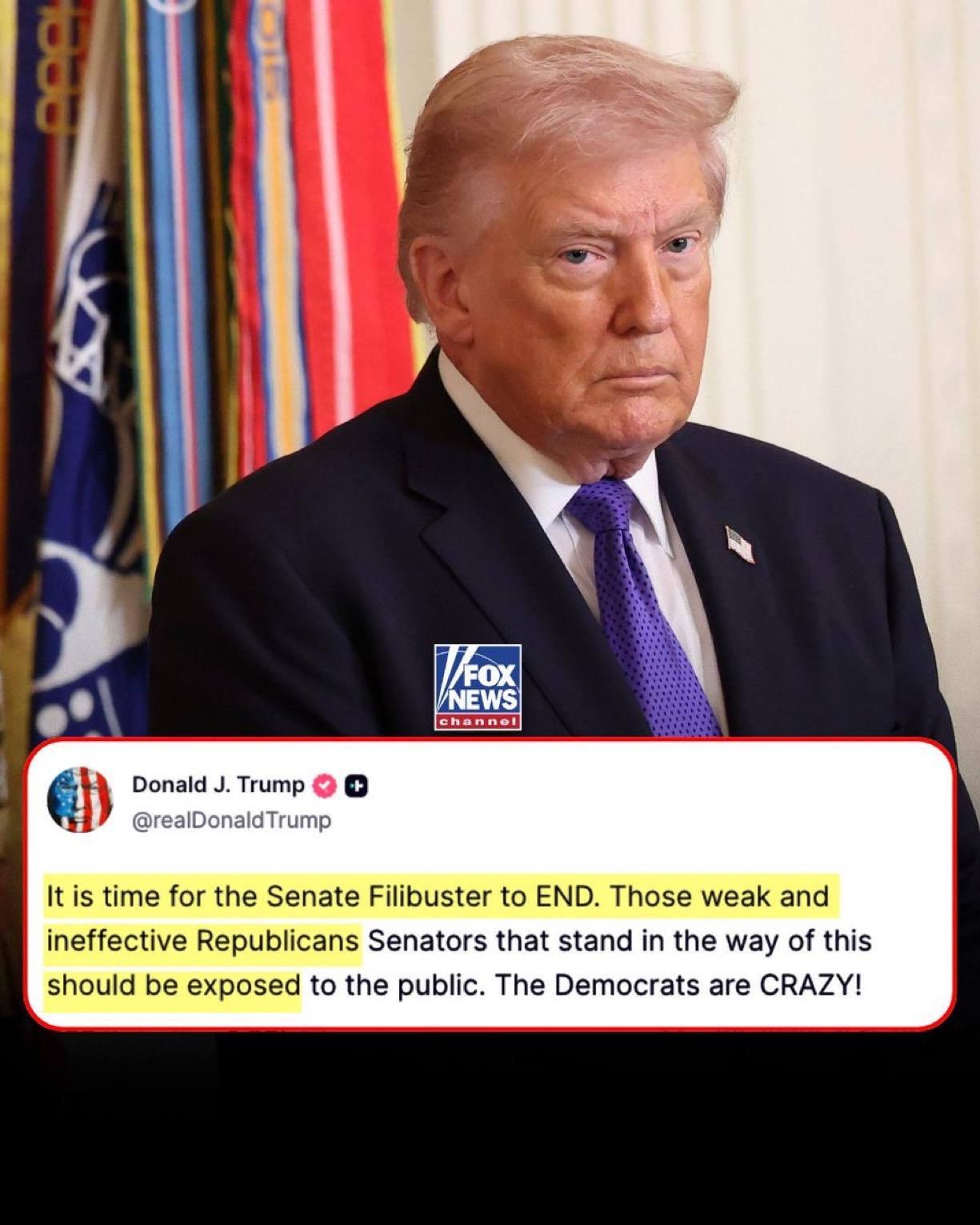 特朗普呼吁结束参议院的阻挠议事制度，并表示反对这一举措的共和党人应该被“曝光”。