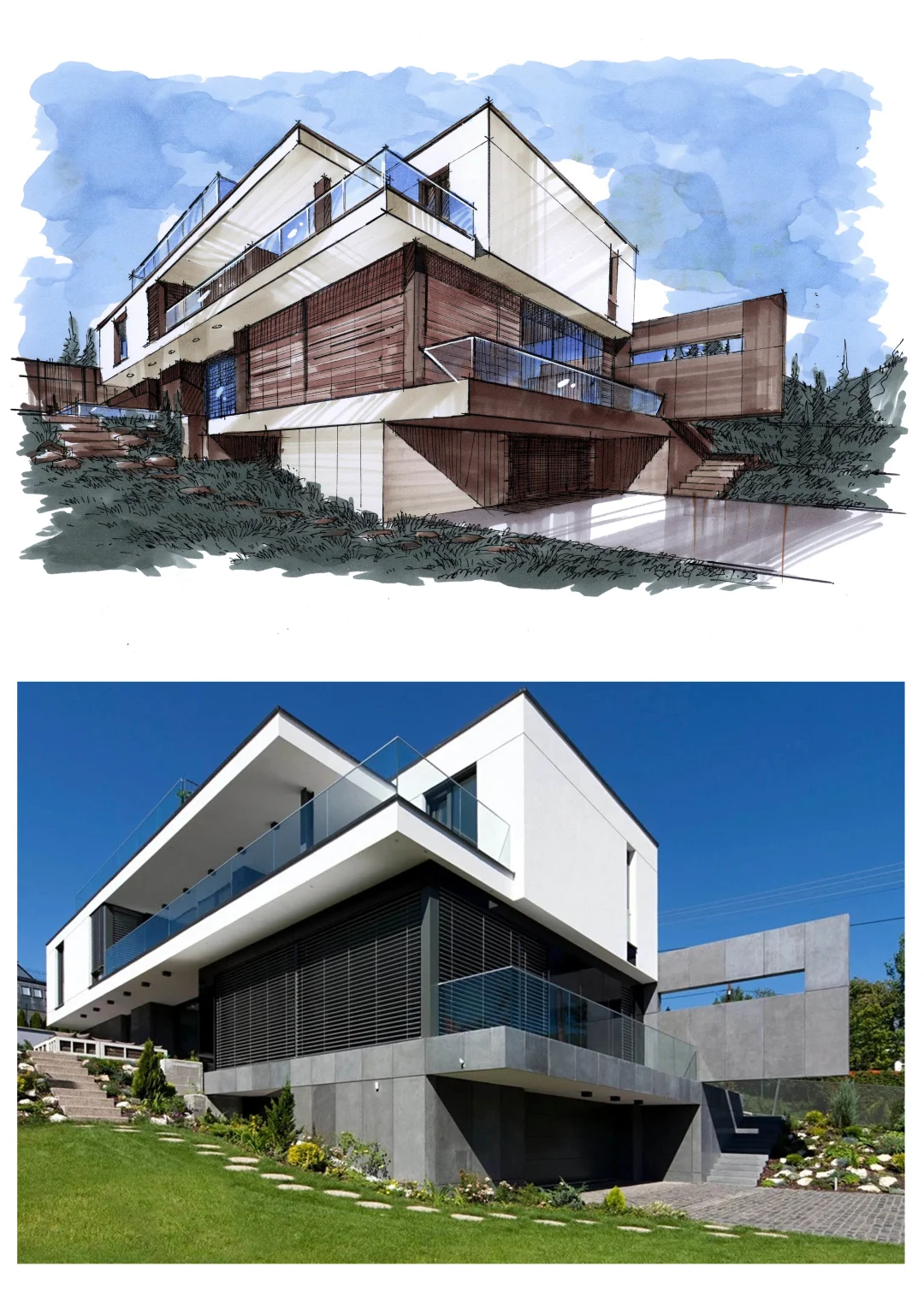 3张建筑效果图马克笔