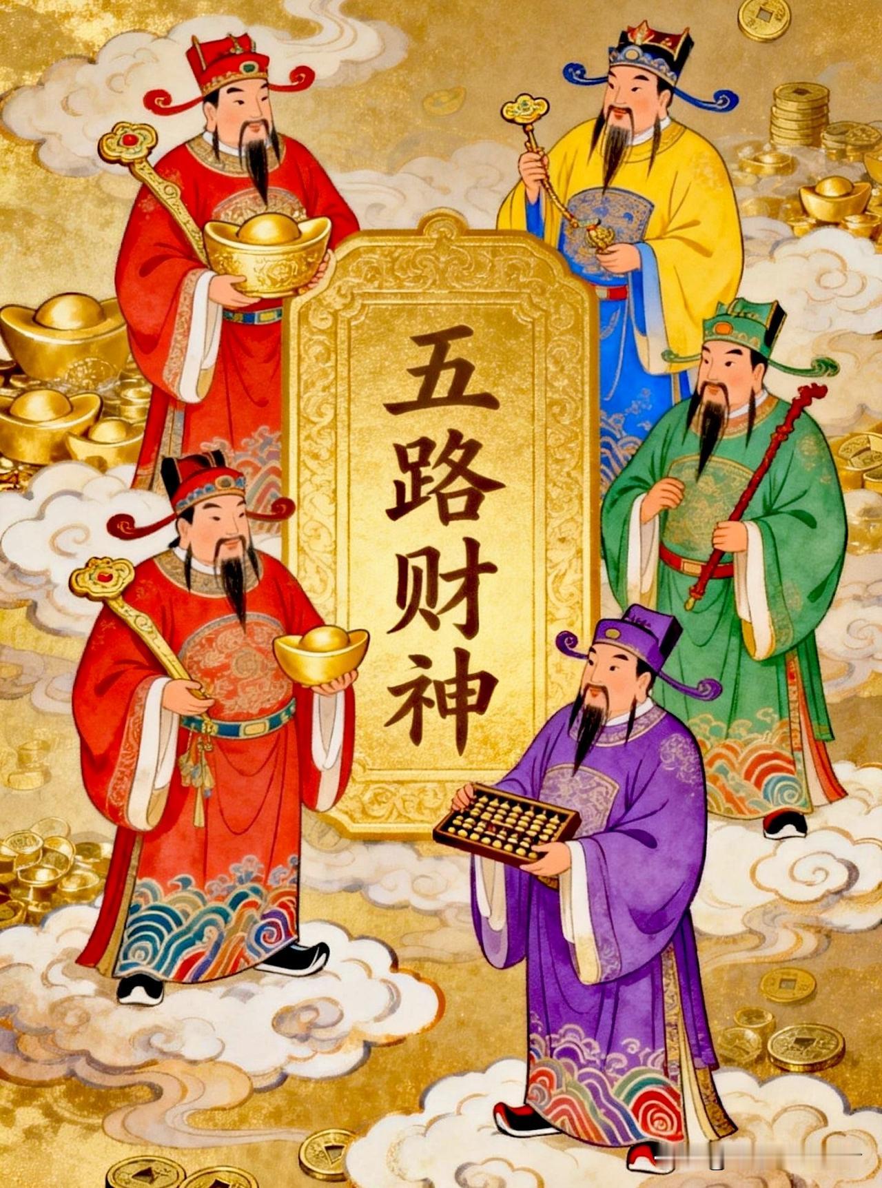 五路财神齐聚，
富贵吉祥满门。