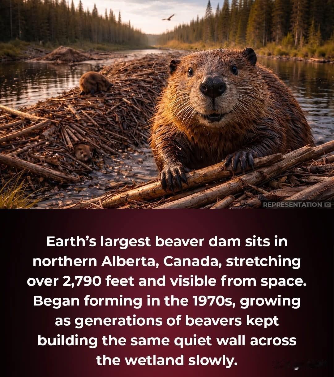 一堵由树枝和泥土构成的“墙”，横跨北方湿地，长度接近半英里。不是工程师建造的，而