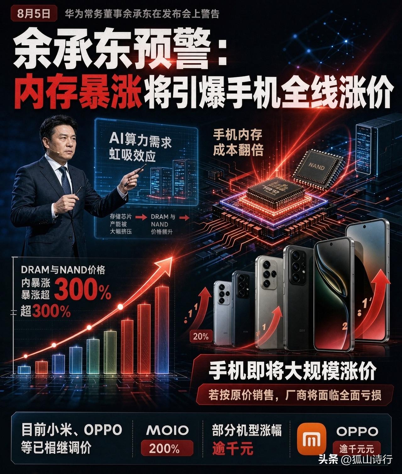 【简讯】内存暴涨将引爆手机全线涨价，8月5日，华为常务董事余承东在发布会上警告，