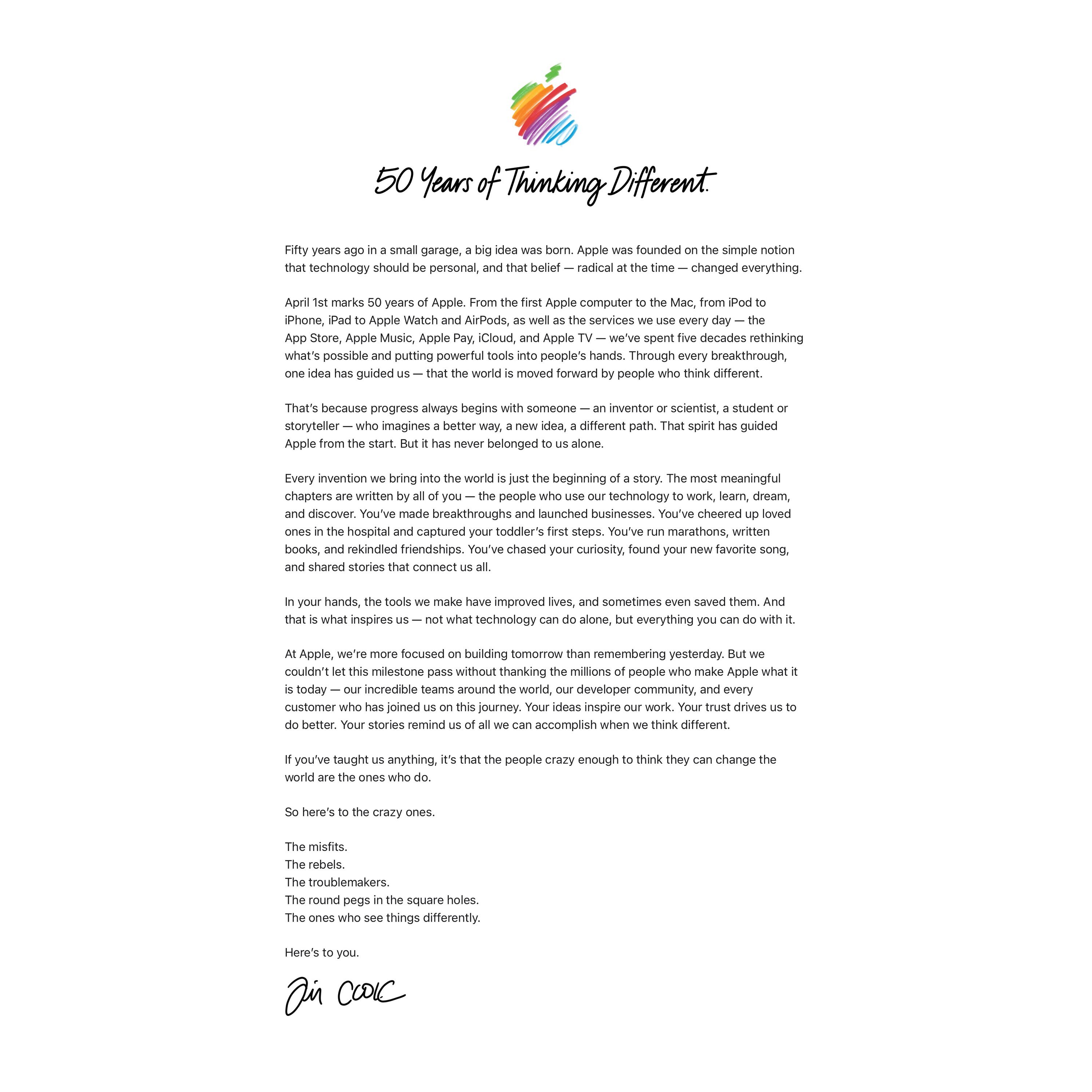 【Apple 首席执行官 Tim Cook 分享“50 年来的非同凡想”公开信】