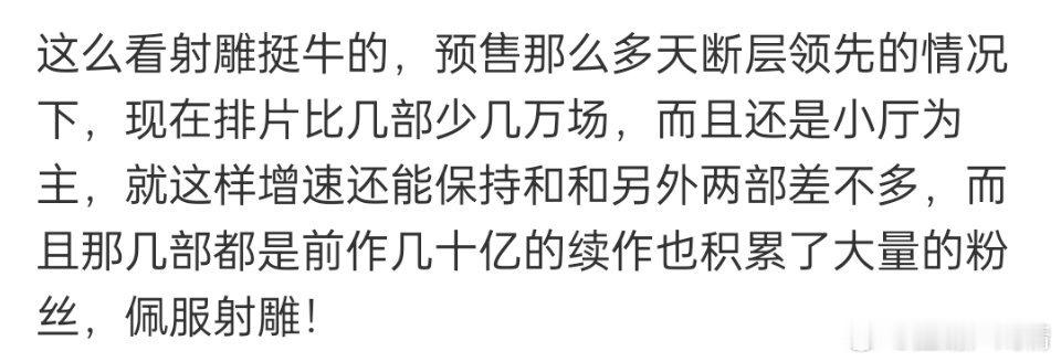 射雕英雄传仍为预售票房第一名 这倒是实话，排片高票房高很正常，但是在排片低的情况