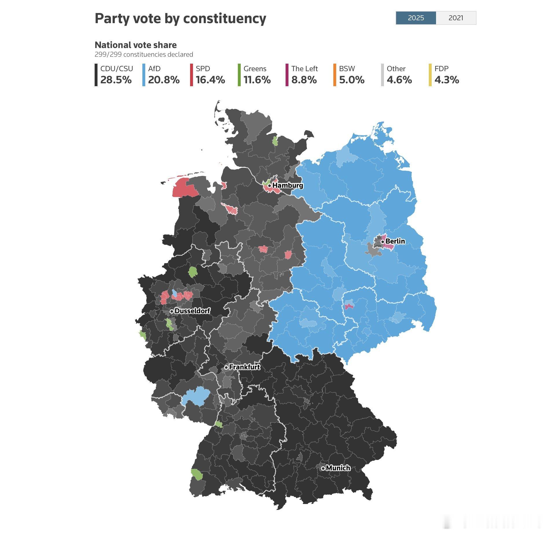 德国大选 德国各个政党根据地分布 