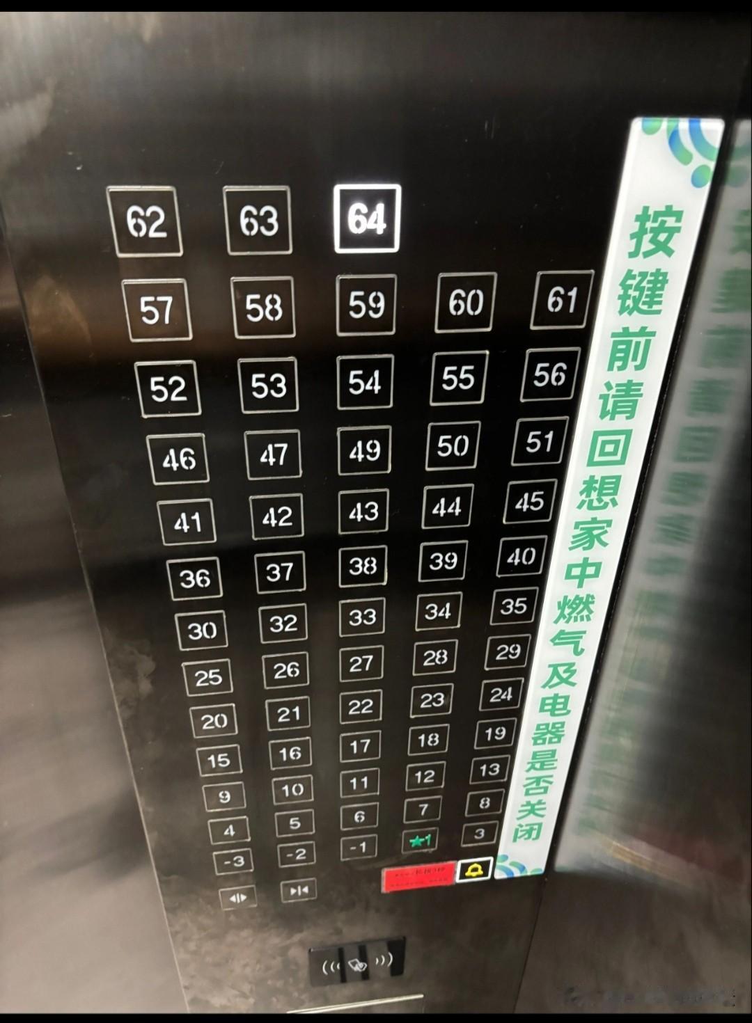 超级大大高层小区电梯里的提示，按键前回想一下燃气及电器是否关闭。
因为这一上一下