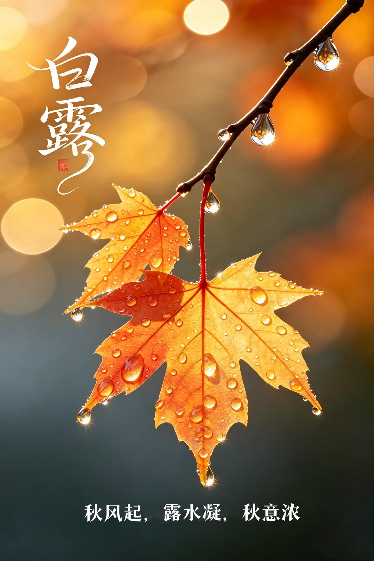 白露时节早安！一朝白露至，人间入清秋✨。晶莹露珠唤醒清晨，秋叶慢慢染上温柔色彩。