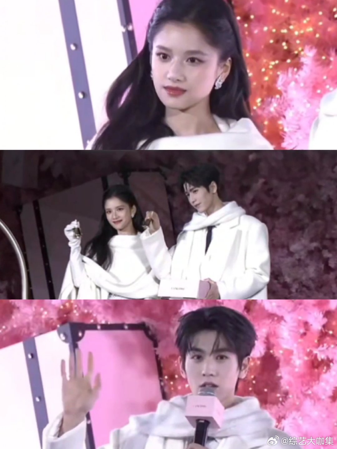 这两位的神颜在圣诞亮灯现场太能打！张婧仪自带温婉气质，皮肤状态通透，笑起来满是治