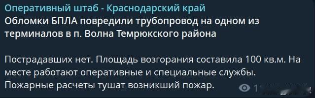 无人机残骸致克拉斯诺达尔边疆区输油管道受损
 
12月21日，克拉斯诺达尔边疆区