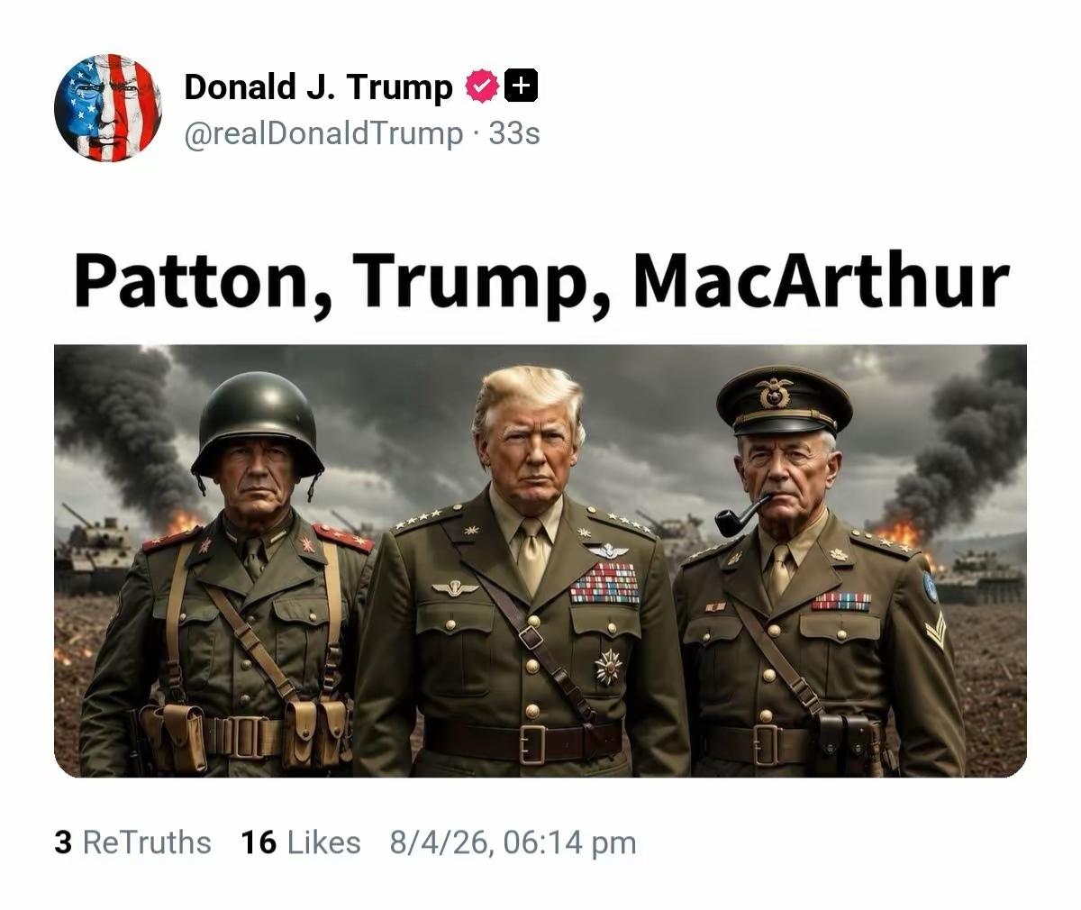 ​特朗普又心血来潮了，发图配文“巴顿、特朗普、麦克阿瑟”（Patton, Tru