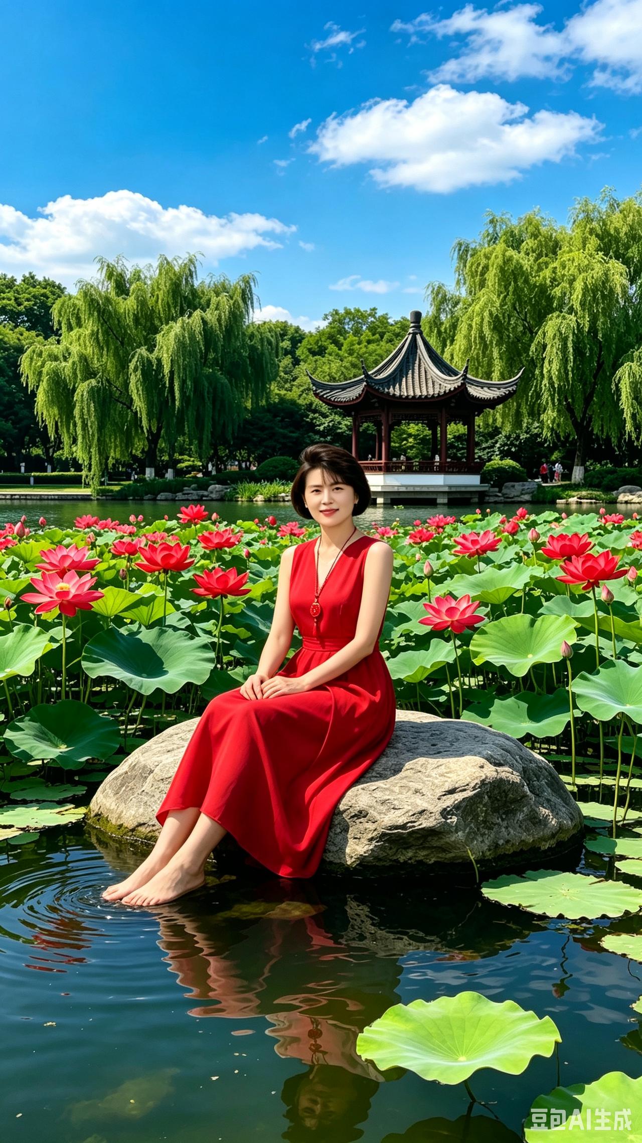 荷亭红裙佳人
 
晴空漫卷白云柔，碧水荷池漾浅流。
翠柳垂丝拂镜面，古亭静立倚汀