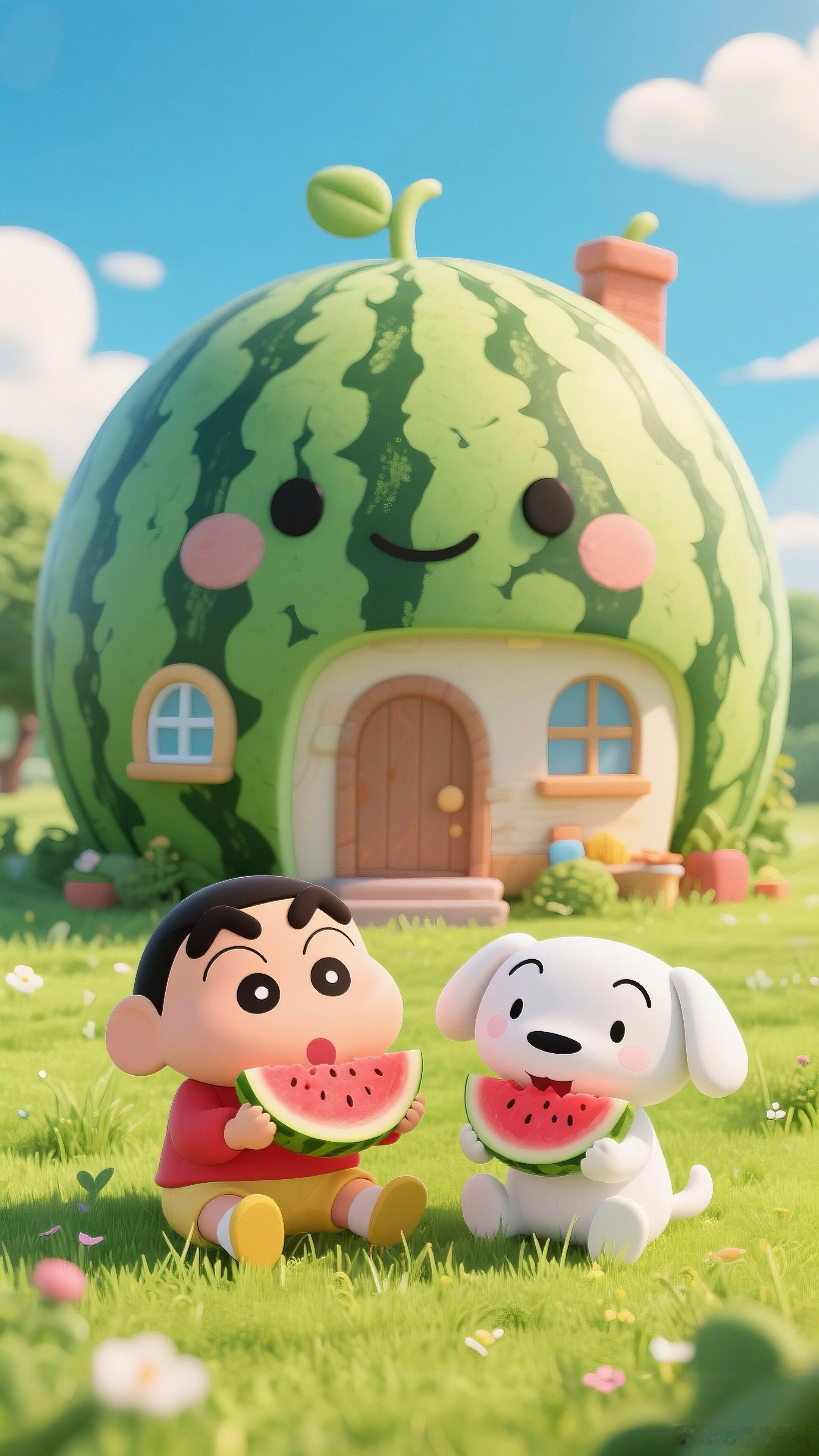 蜡笔小新の夏日吃瓜🍉图鉴 "风间~张嘴！"ins｜薄荷曼波壁纸∘˚🧴˚˟🫙