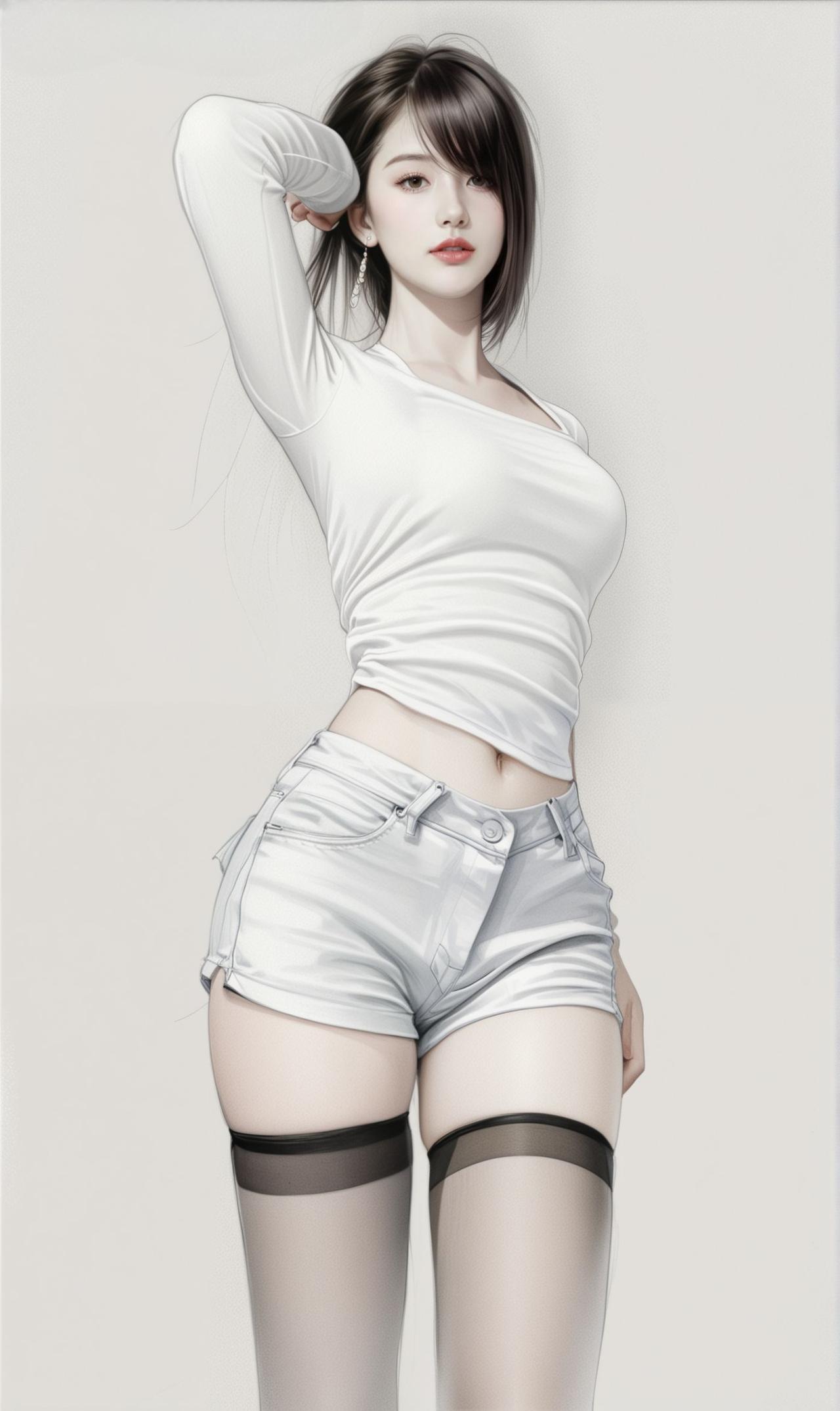 清新少女风，简约白T恤+短裤，搭配黑色丝袜，轻松自然，青春活力！🌟✨