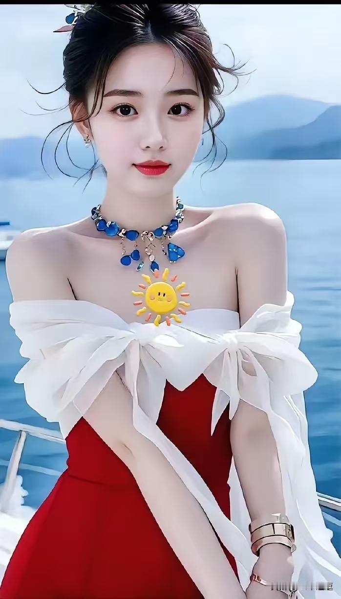 红裙白纱配蓝饰，海风轻拂笑颜俏，阳光小饰点睛处，心动瞬间定格好。