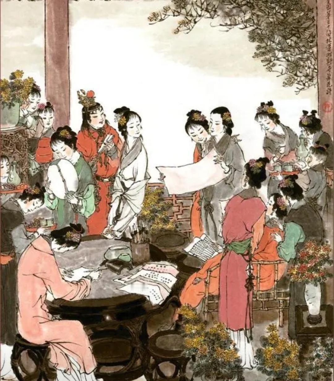 上联，？？？

下联，诗社落笔压群芳，黛玉写诗