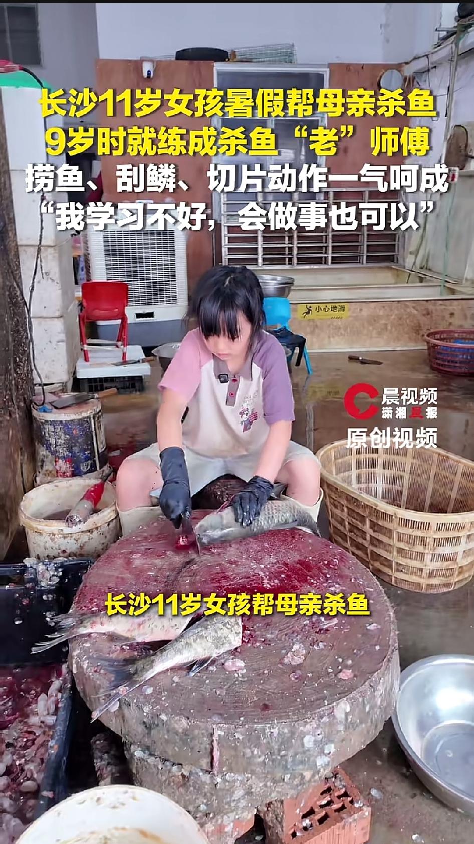 一个11岁的小女孩，在鱼摊前捞鱼、刮鳞、开膛、切片，动作行云流水，比我这个大人去